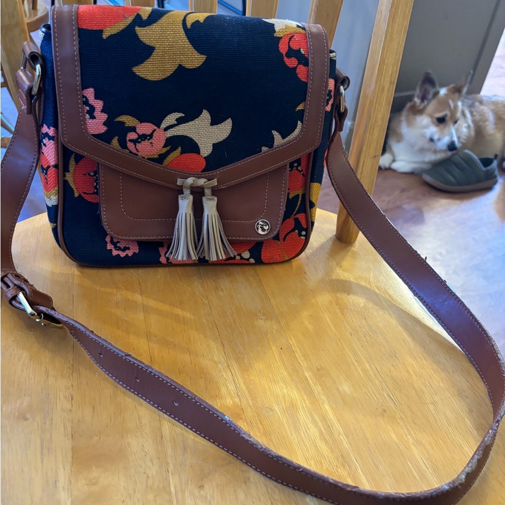 Spartina 449 Navy Floral Crossbody with Brown Trim and Tassels